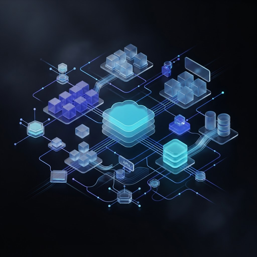 Ilustração de arquitetura de software com APIs, containers, cloud e integrações